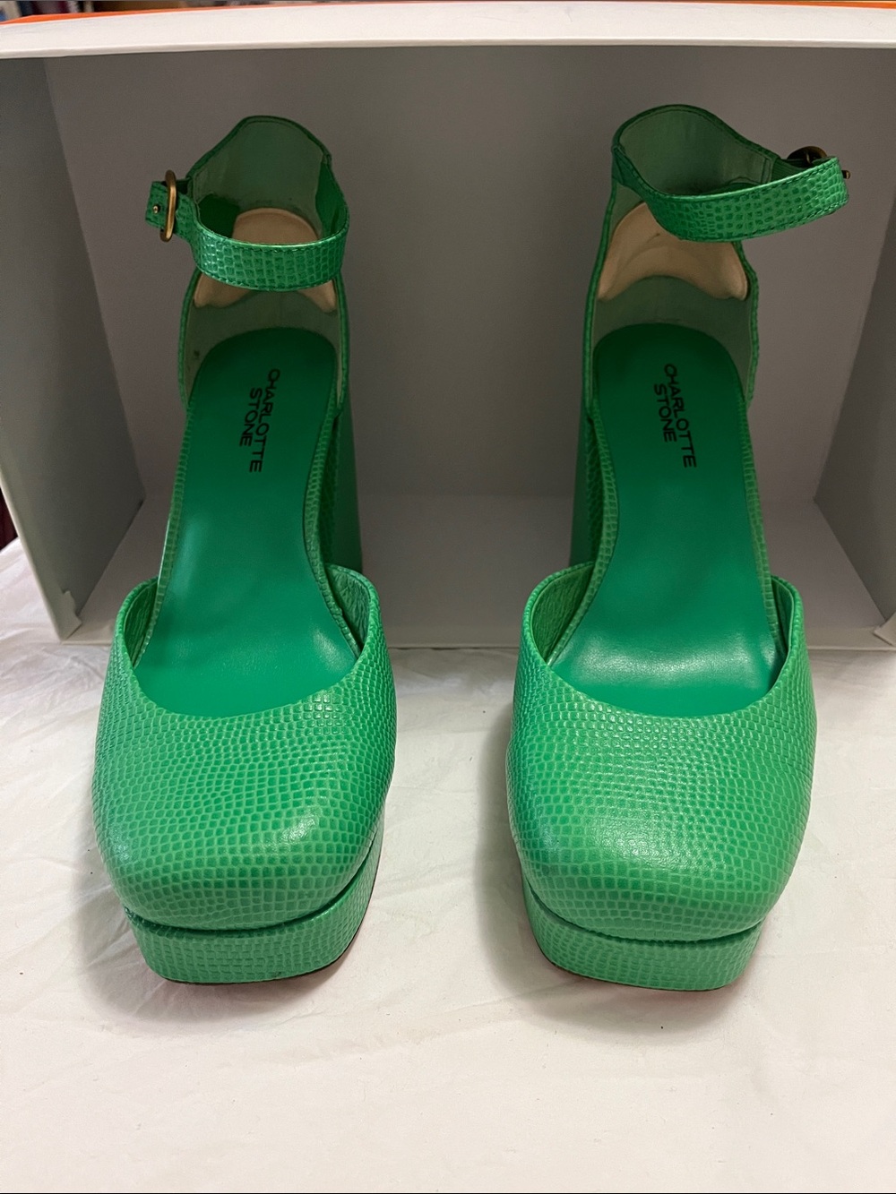Charlotte Stone Fran Green Platform Block Heel Mary Jane with Ankle Strap. - Picture 5 of 5